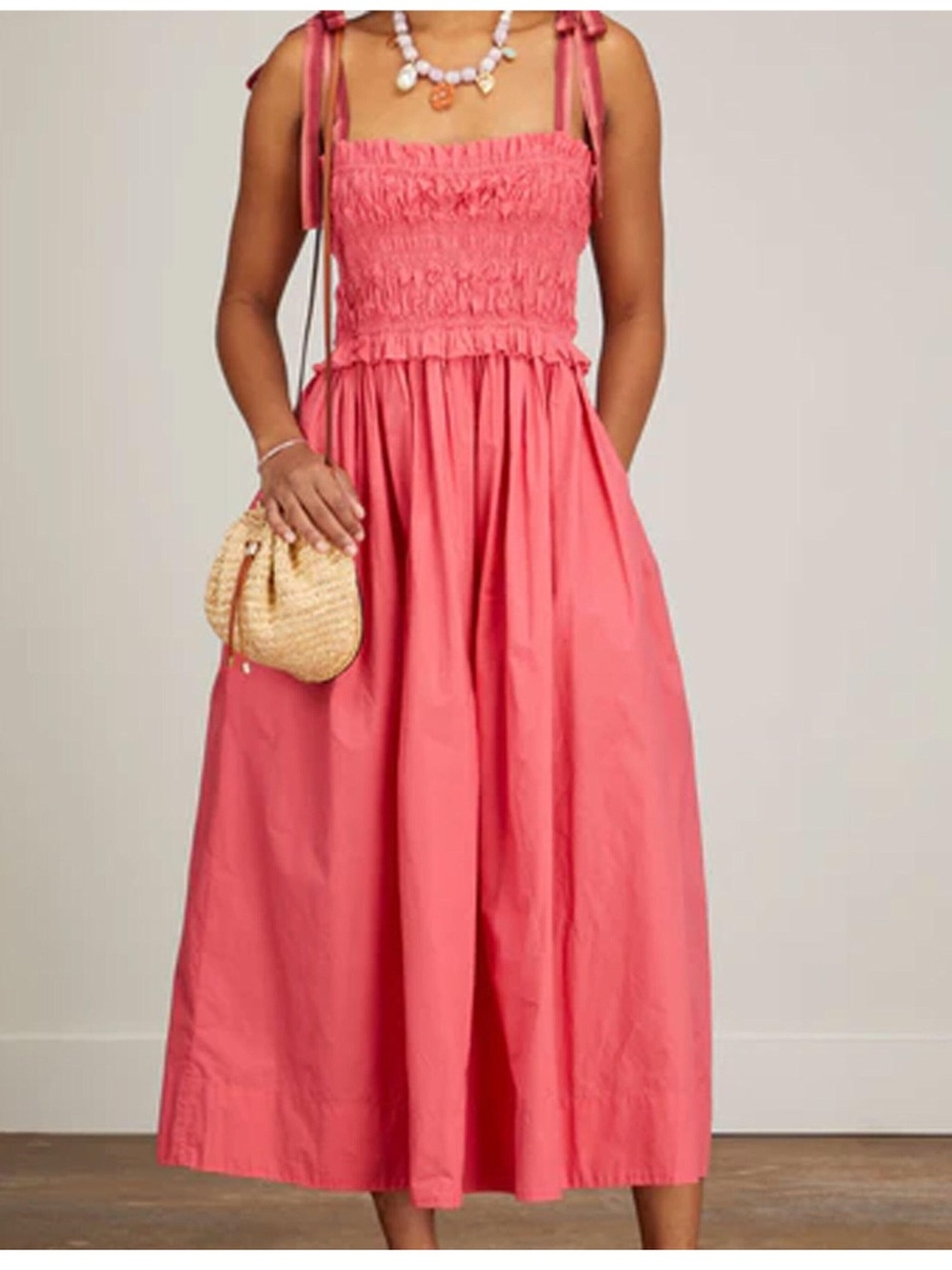 Ulla Johnson Akshara Dress Honeysuckle Pink Smocked Tie Strap Midi S M $470